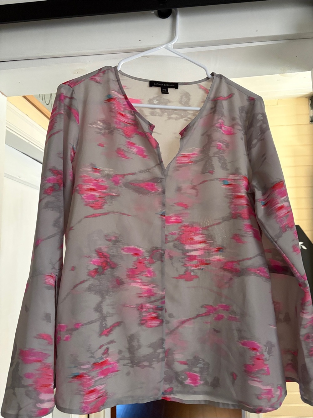 Banana Republic Gray Sheer Blouse with Pink Floral Accents